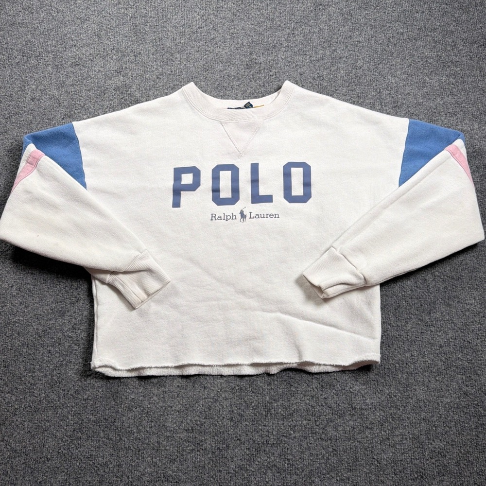 Polo Ralph Lauren Sweatshirt Womens Small White Colorblock Cropped Raw Hem Logo